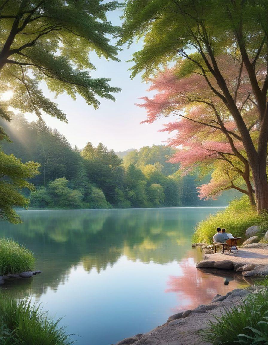 A serene landscape depicting a calm lake surrounded by lush trees, where a group of diverse people are engaged in heartfelt conversations, with gentle waves symbolizing emotional connections. In the background, a cozy office space showcasing insurance documents blends into the nature scene, highlighting the integration of health and emotional wellness. Soft pastel colors and a warm, inviting atmosphere enhance the feeling of harmony. illustration, vibrant colors, serene style.